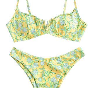 ZAFUL Women's Underwire Bikini Floral High Cut Bikini Set V-Wired Two Piece Swim